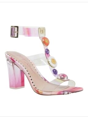 Betsey Johnson Lennie Pink Multi Floral Clear Block Heel 6